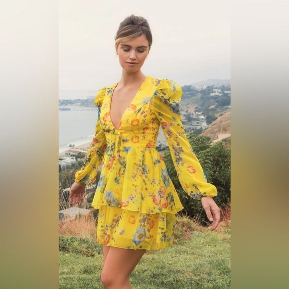 Mac Duggal Long-Sleeve V-Neck Mini Dress Anthropologie Yellow Printed Floral - Picture 12 of 12
